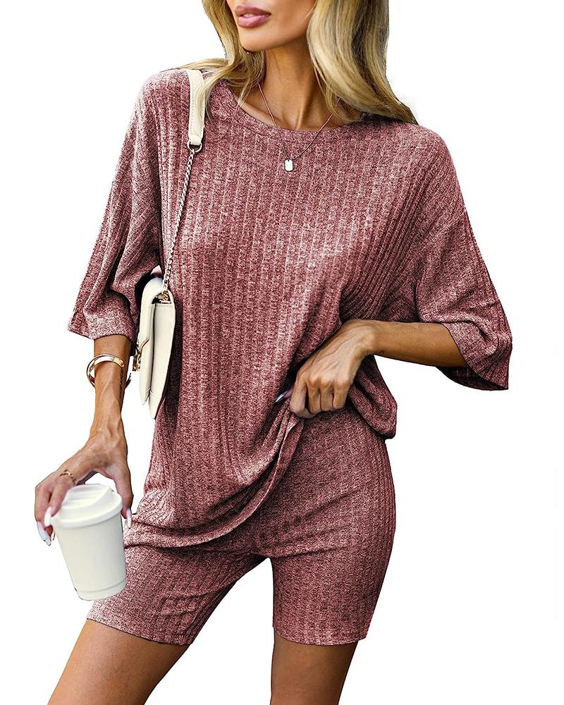

Ribbed Round Neck Top & Shorts Set, Dark red
