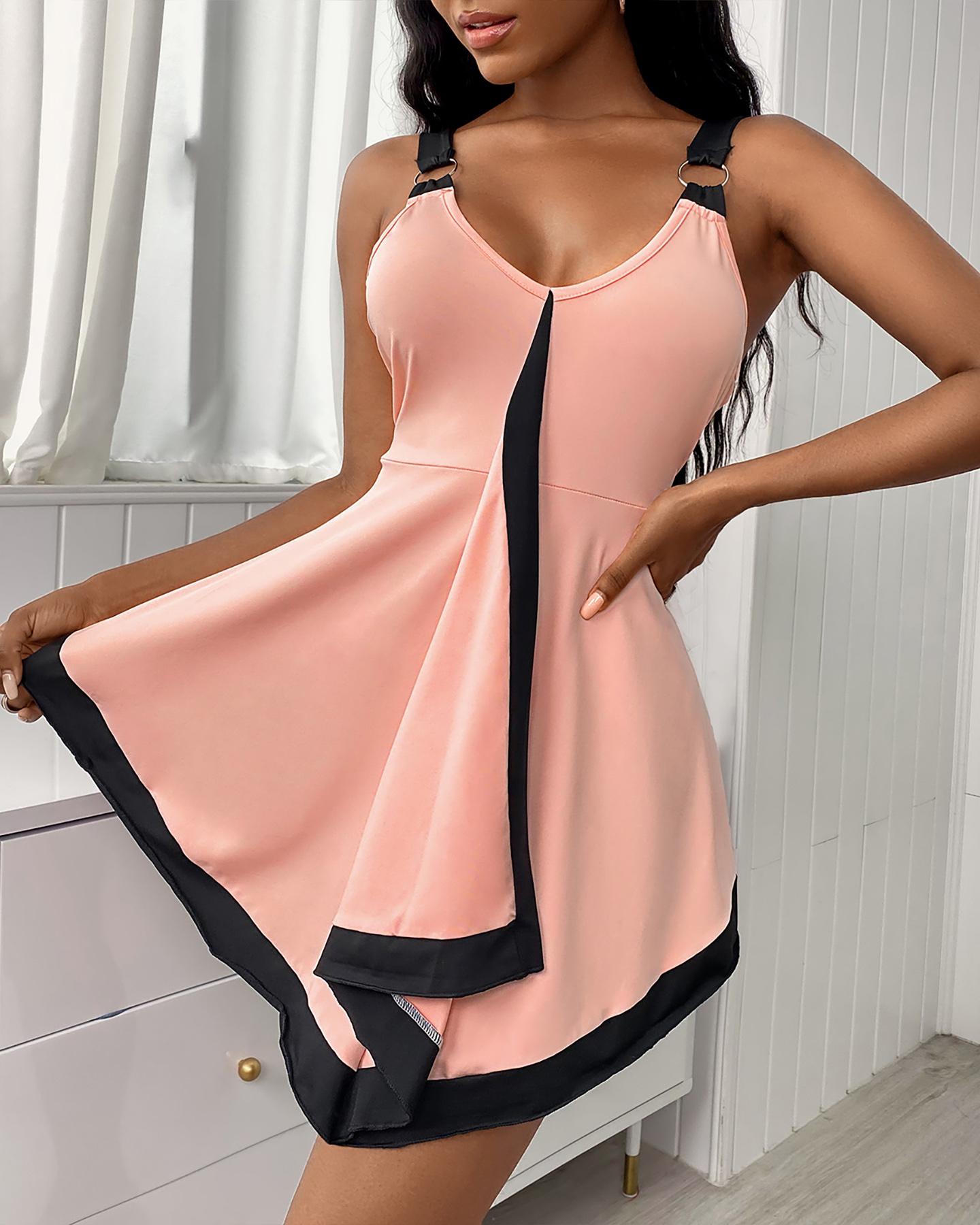 

Colorblock O-Ring Asymmetrical Trim Casual Dress, Pink