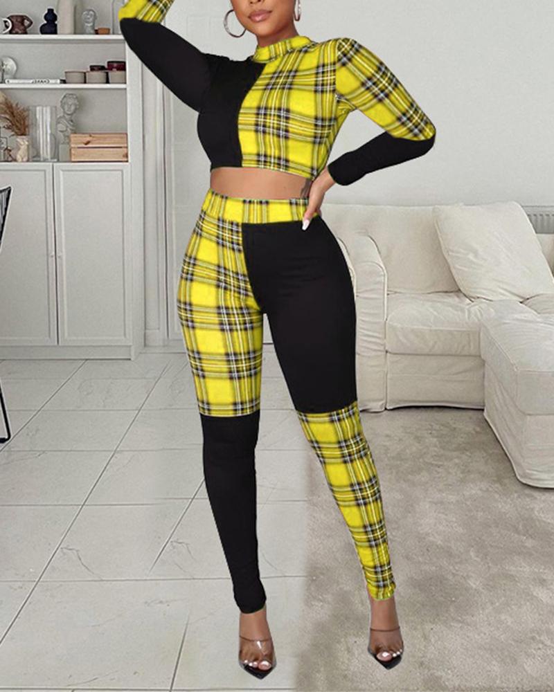 

Colorblock Plaid Crop Tee & Leggings Set, Yellow