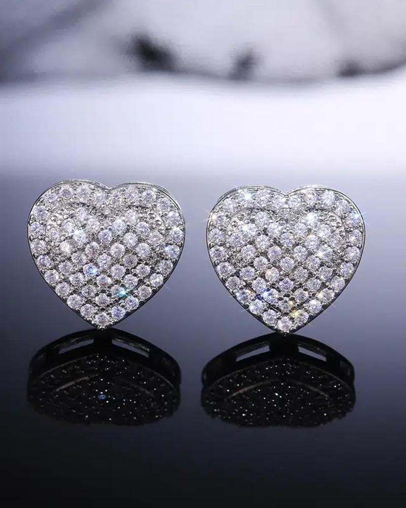 

1Pair Heart Shaped Rhinestone Earrings, Silver