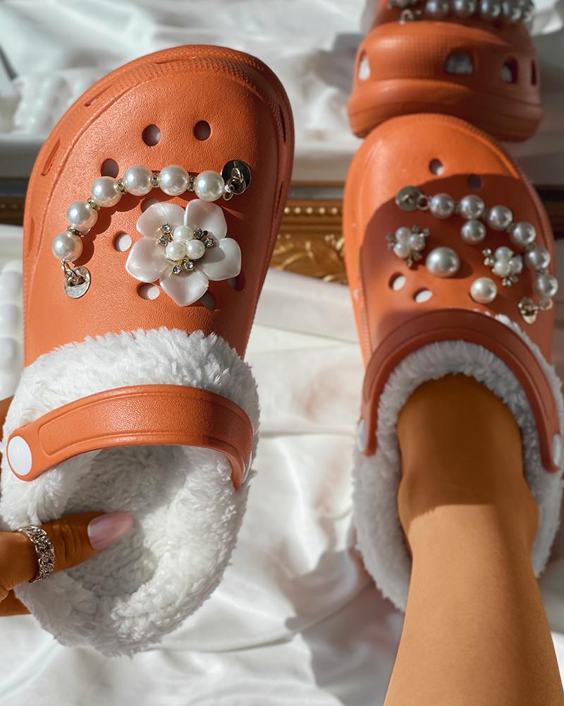 

Beaded Decor Floral Pattern Fluffy Clogs, Orange