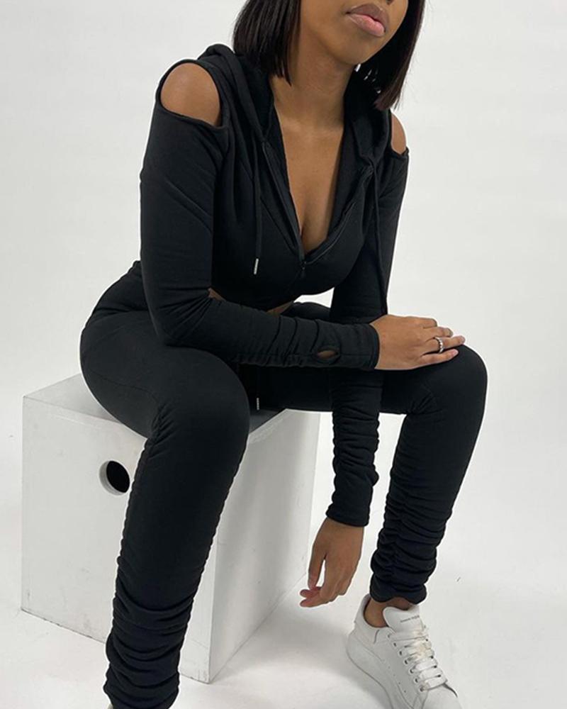 

Zipper Front Cut-Out Drawstring Hooded Crop Top & Stacked Pants Set, Black