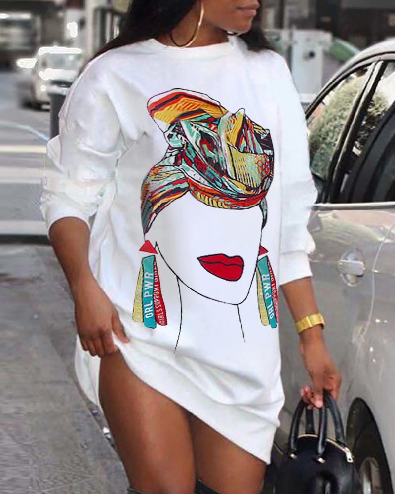 

Figure Print Long Sleeve Casual Dress, White