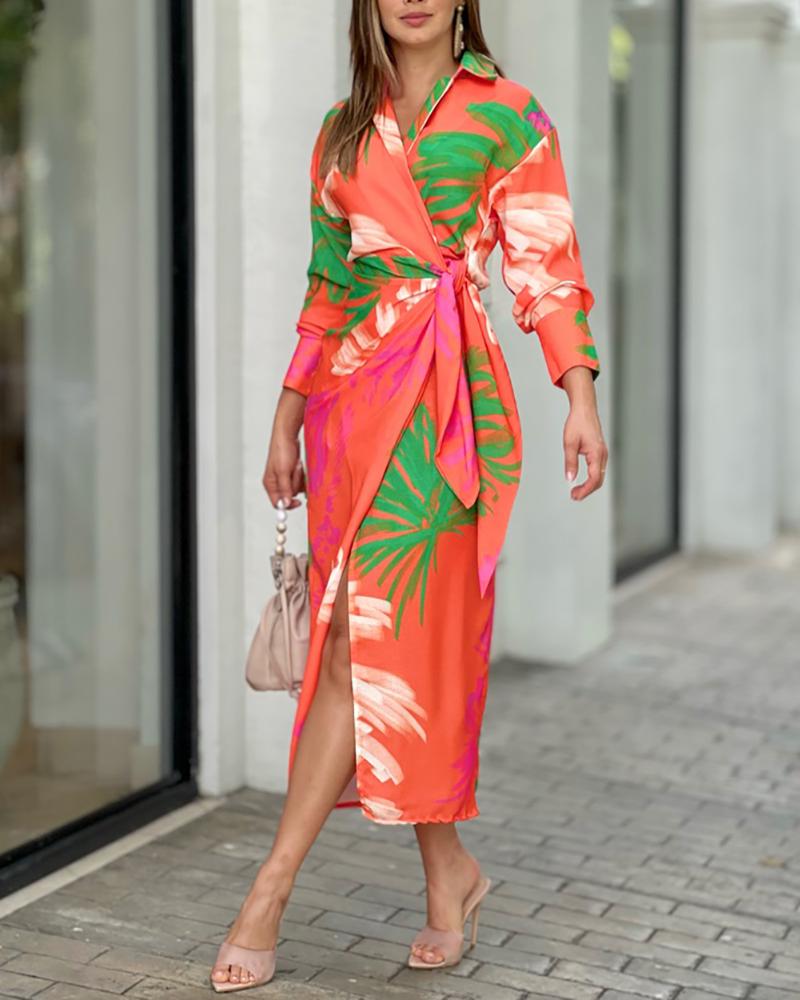 

Tropical Print Long Sleeve Knotted Shirt Dress, Orange