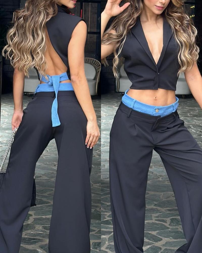 

Colorblock Backless Crop Top & Tied Detail Wide Leg Pants Set, Black