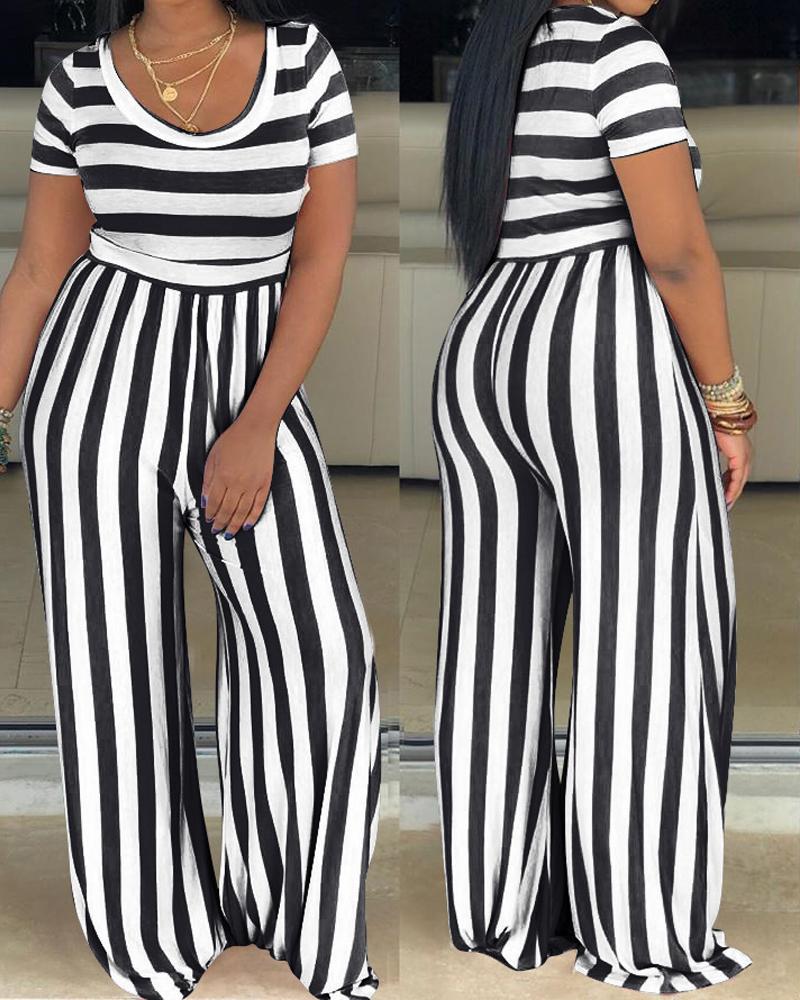 

Striped Print Short Sleeve Wide Leg Jumpsuit, Black