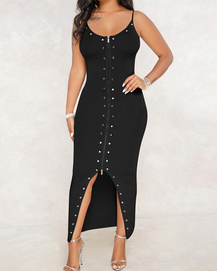 

Zipper Rivets Embellished Slit Bodycon Dress, Gray;white;black