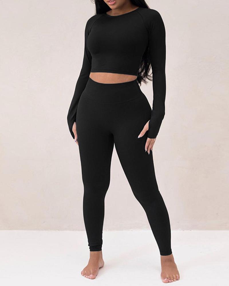

Round Neck Long Sleeve Top & Pants Set, Black