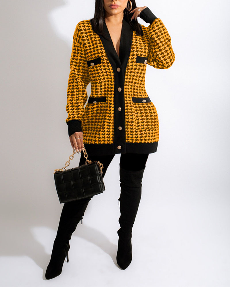 

Houndstooth Print Patch Pocket Button Front Coat, Yellow