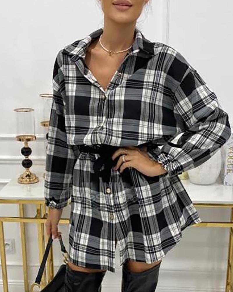 

Plaid Print Long Sleeve Shirt Dress, Black