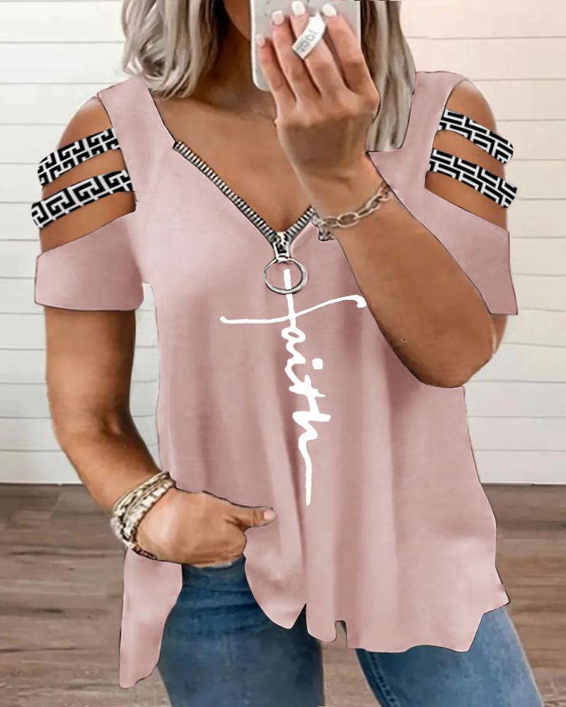 

Plus Size Faith Geometric Print Cutout Zipper Design T-Shirt, Pink