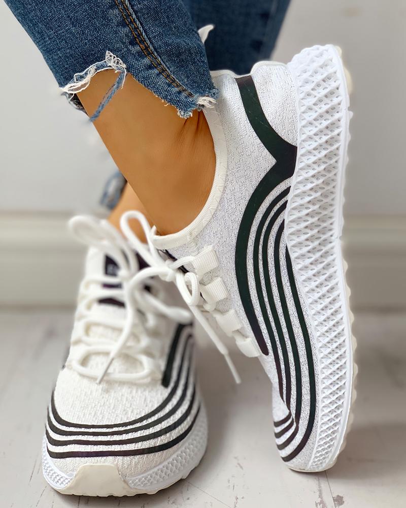 

Striped Lace-Up Muffin Casual Sneakers, White