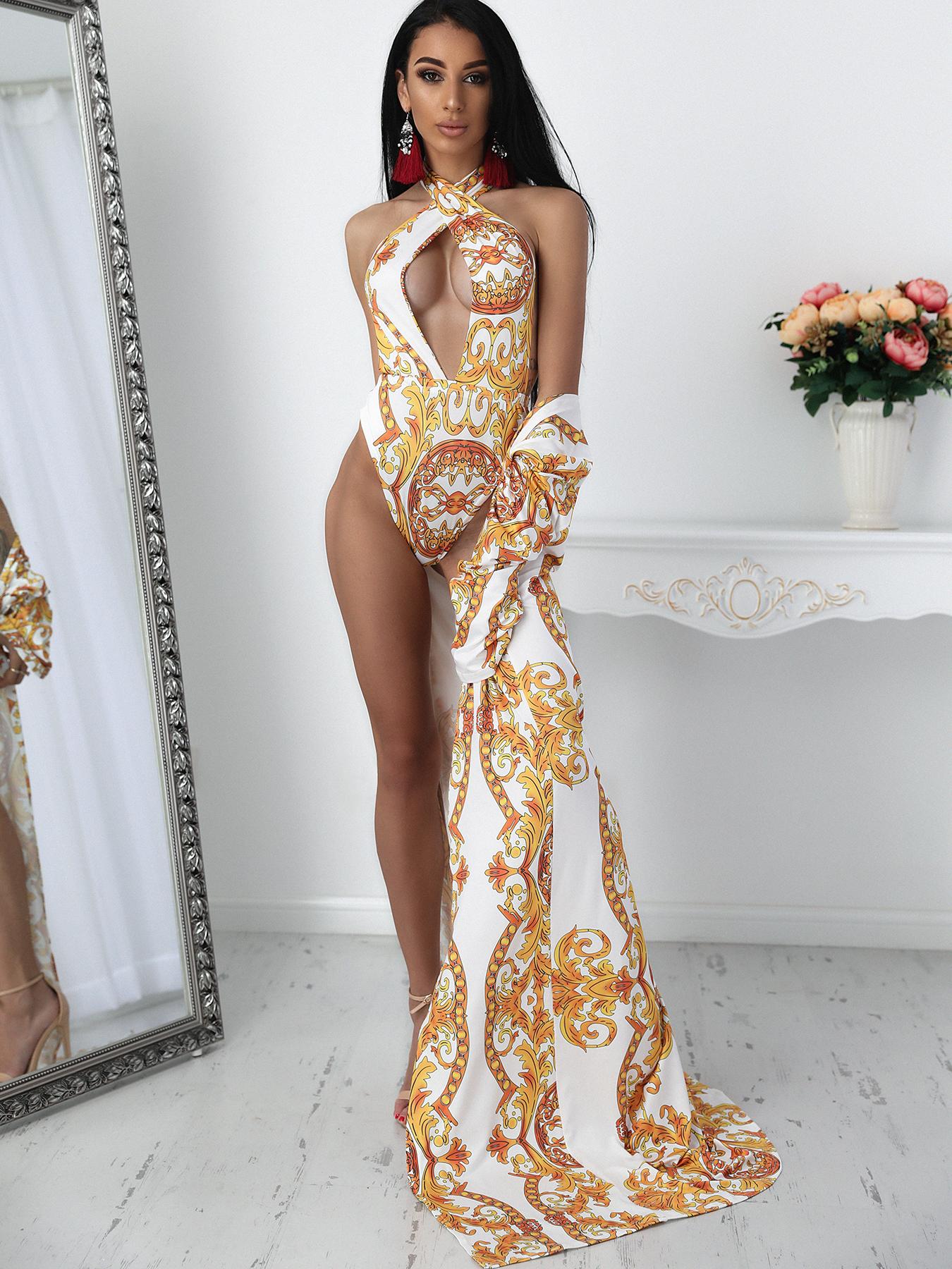 

Baroque Print Cutout One-Piece Swimsuit With Cover Up, Gold