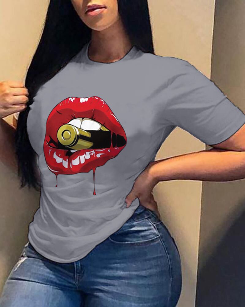 

Graphic Lip Print Short Sleeve Casual T-shirt, Gray