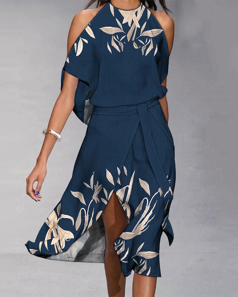 

Plants Print Cold Shoulder Slit Belted Casual Dress, Blue