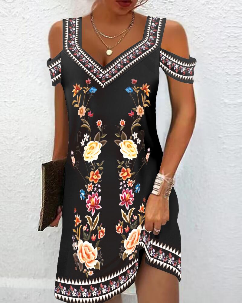 Tribal Floral Print Cold Shoulder Casual Dress