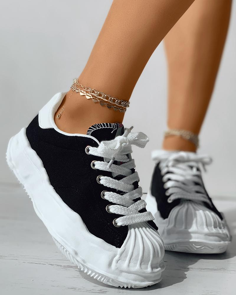 

Lace-up Eyelet Muffin Platform Sneakers, Black