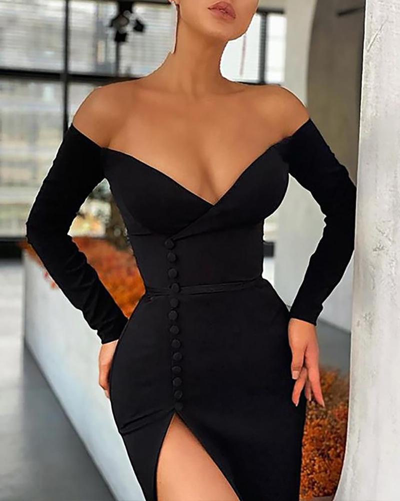 

Off Shoulder High Slit Button Decor Party Dress, Black
