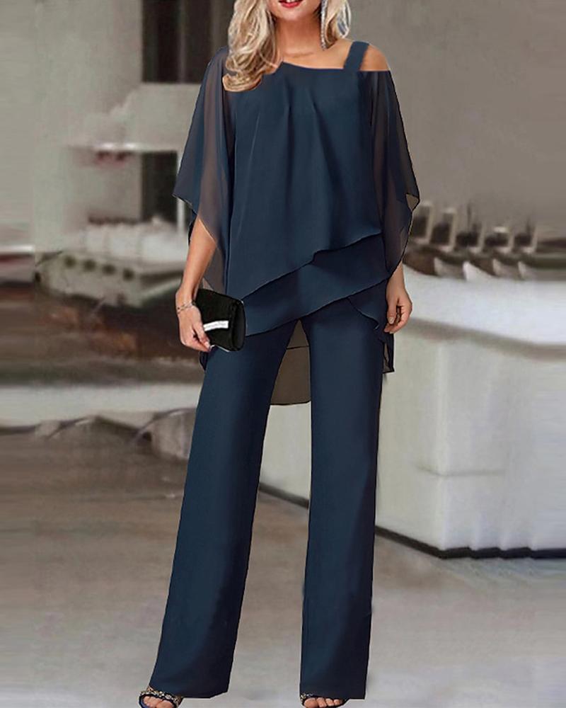 

Cold Shoulder Ruffles Top & Pants Set, Purplish blue