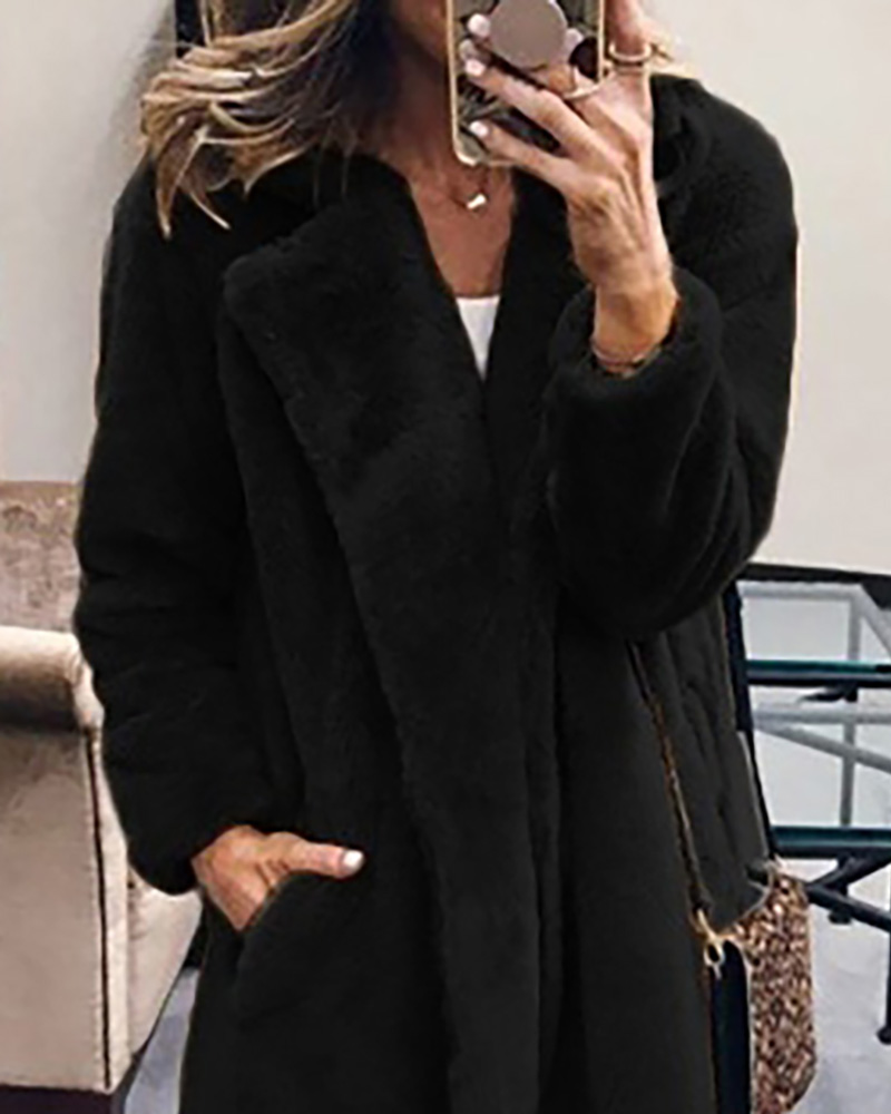 

Pocket Design Long Sleeve Faux Fur Coat, Black