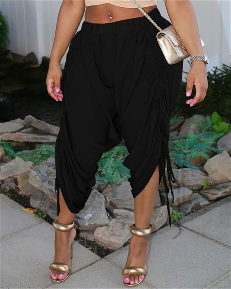 

Drawstring Ruched Plain Capris Pants, Black