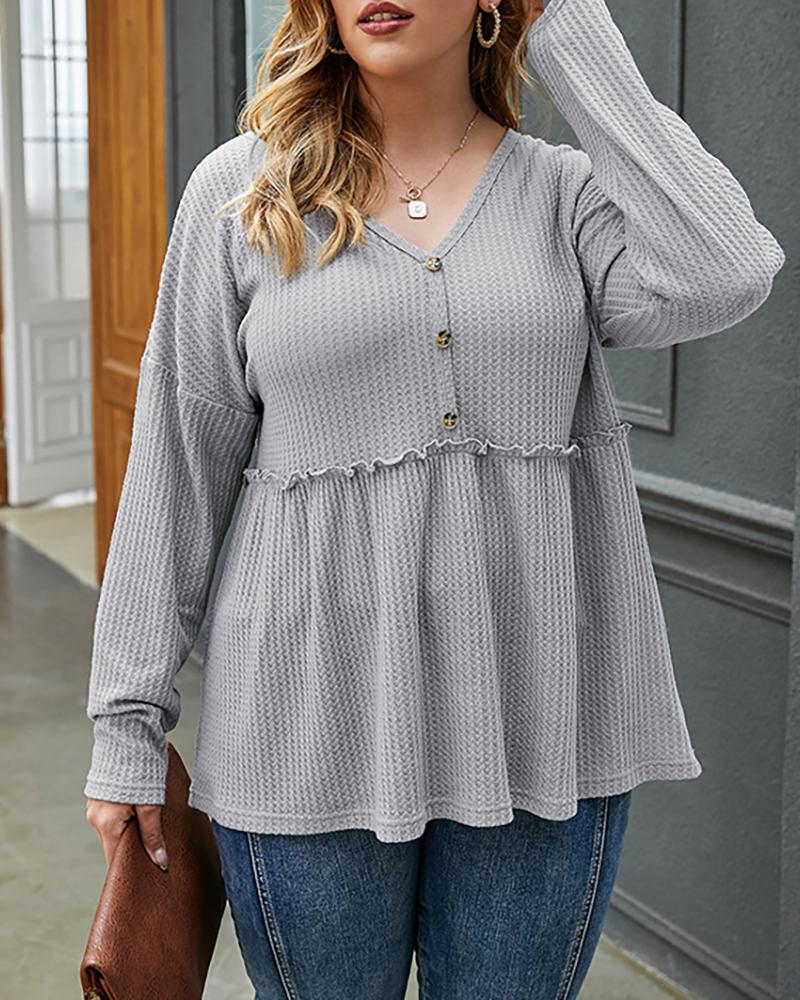 

Plus Size Frill Hem Buttoned Top, Gray