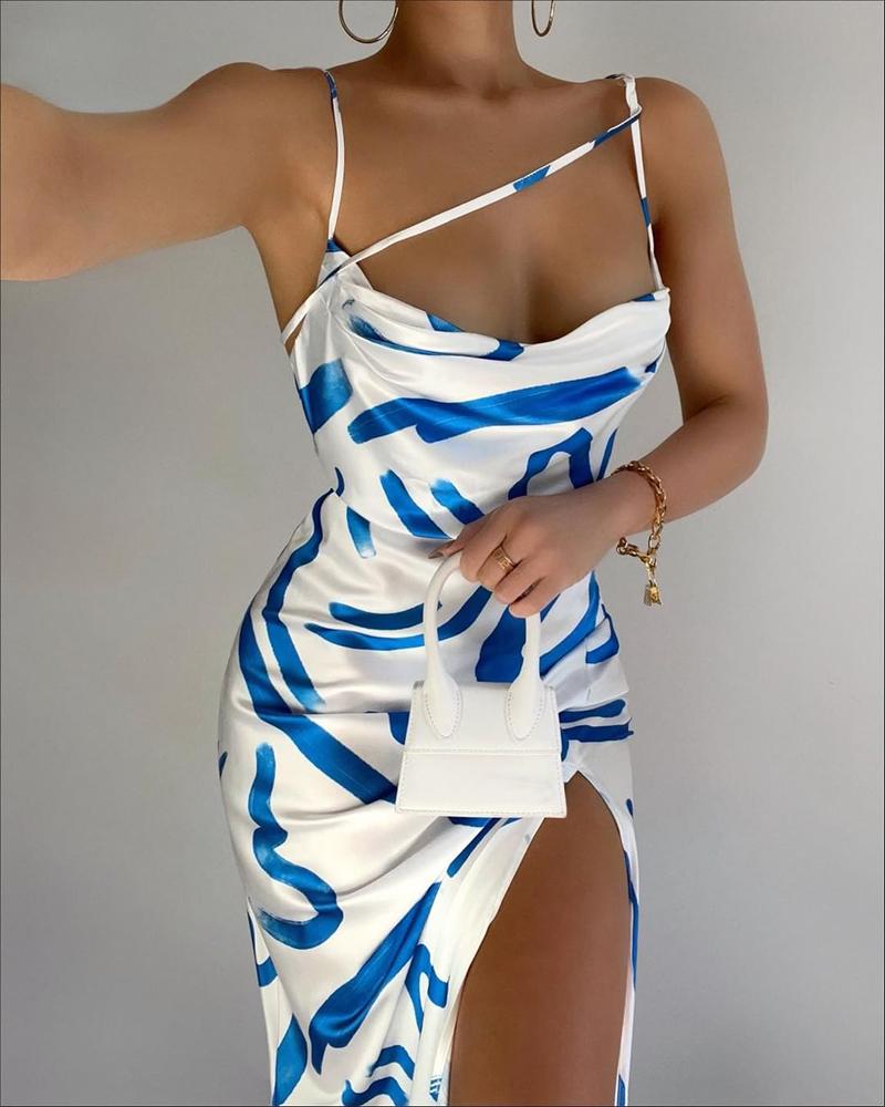 

Abstract Print Cowl Neck High Slit Party Dress, White