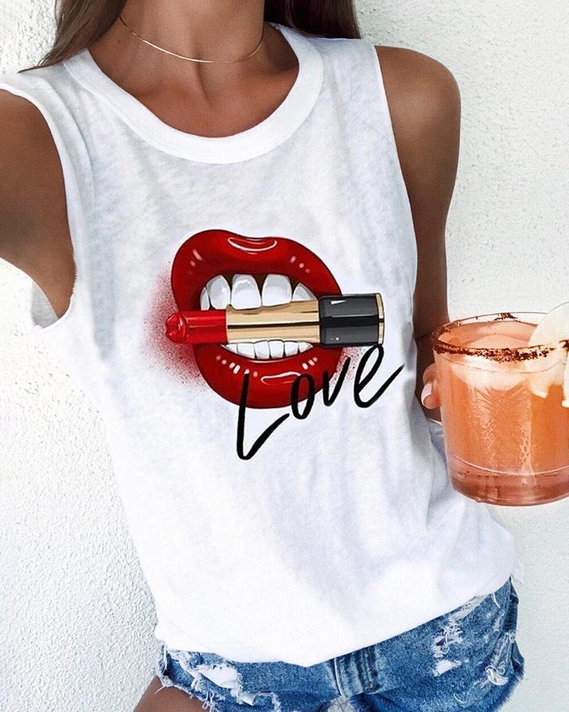 

Lip Letter Print Casual Tank Top, White