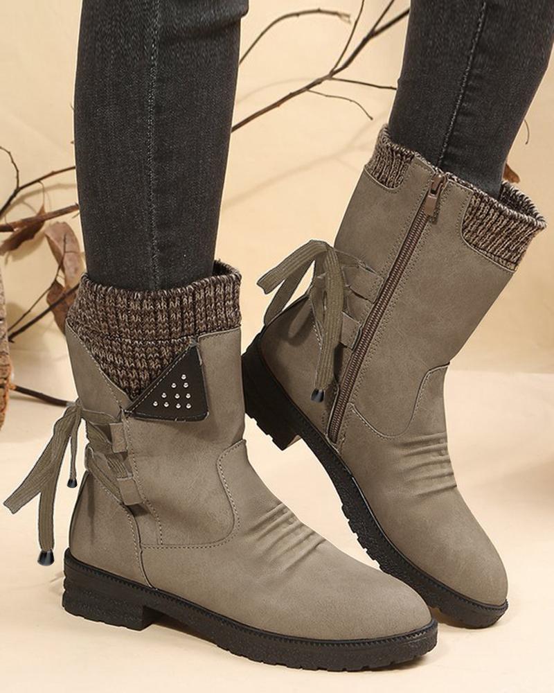 

Side Zipper Lace-up Chunky Heel Ankle Boots, Khaki