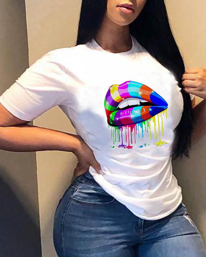 

Colorblock Lips Print Short Sleeve T-shirts, Style2