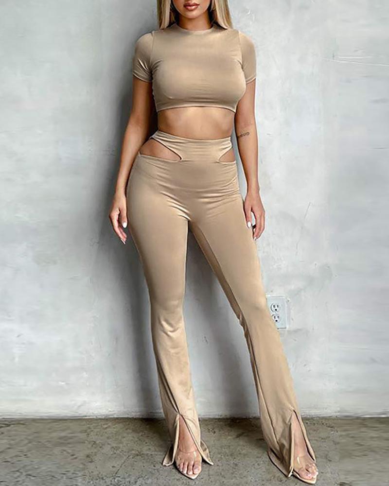 

Satin Short Sleeve Top & Cutout Slit Pants Set, Beige
