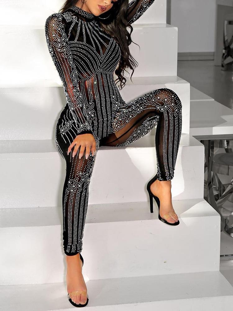 

Glittering Embellished Mesh Skinny Jumpsuit, White