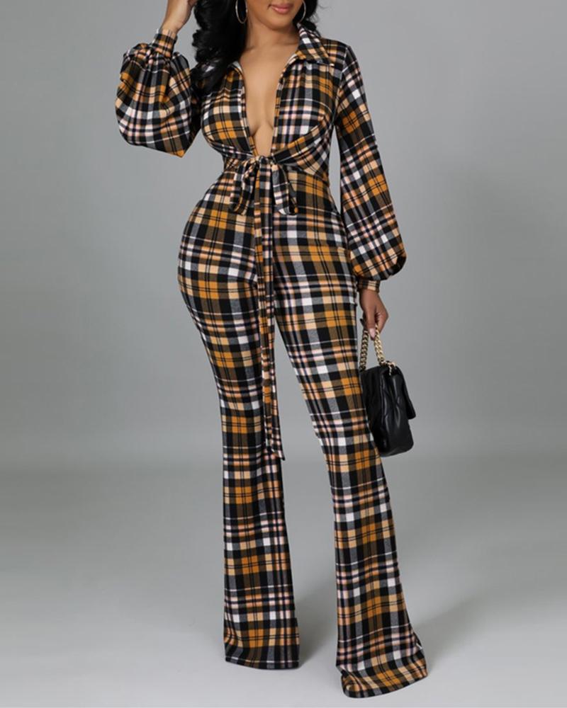 

Plaid Print Tied Detail Long Sleeve Jumpsuit, Yellow