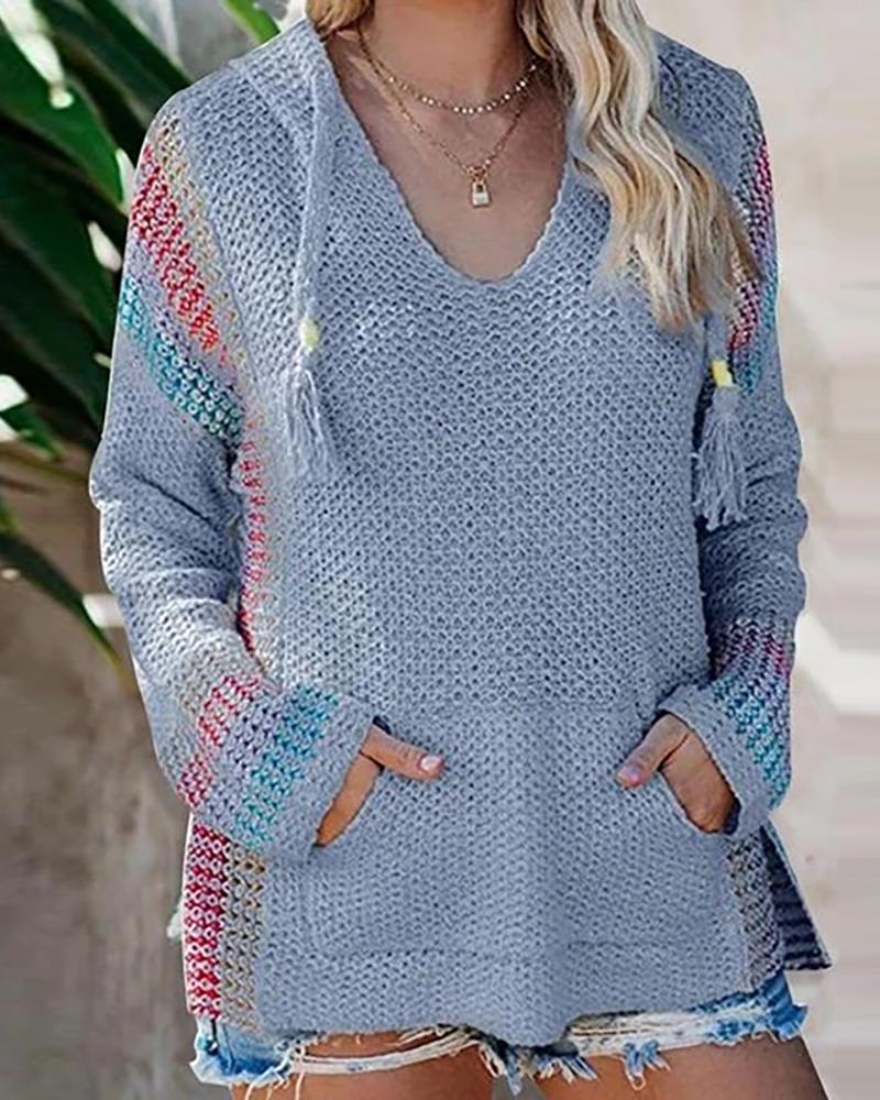 

Colorblock Pocket Design Hooded Sweater, Blue