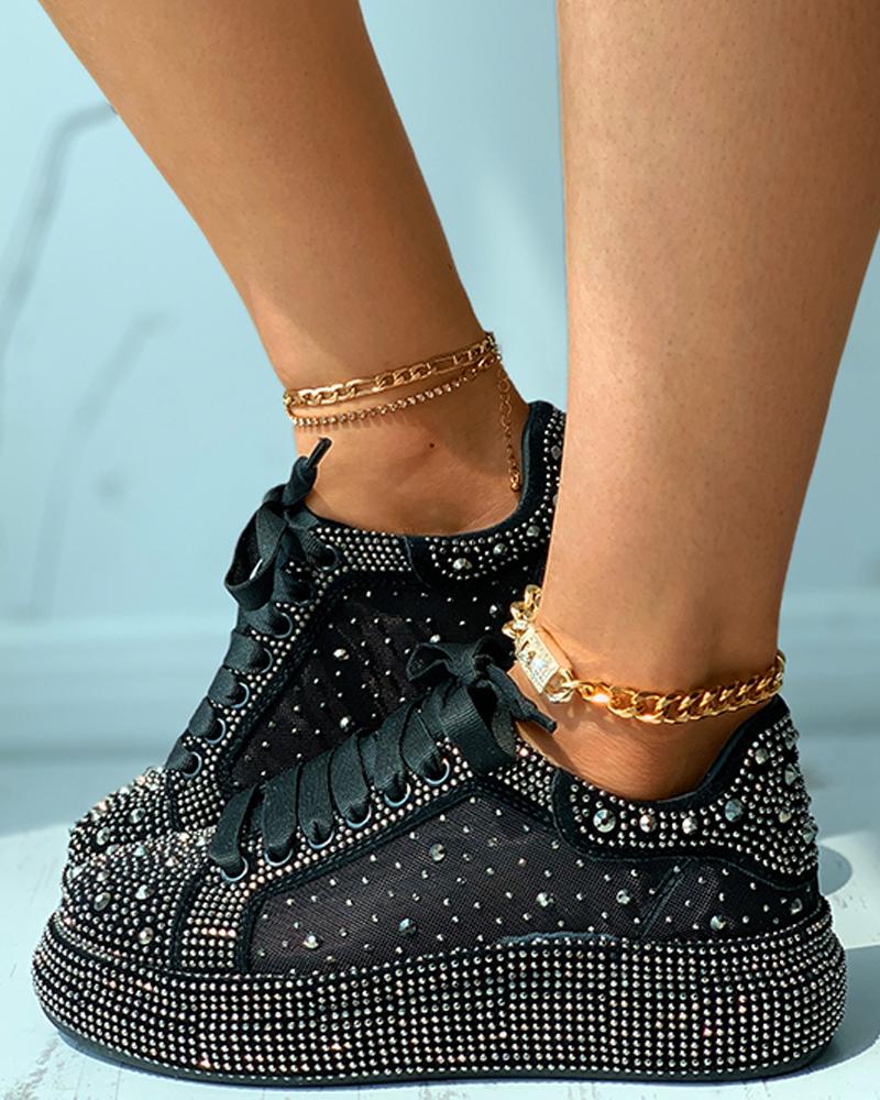 

Rhinestone Decor Eyelet Lace-up Sneaker, Black