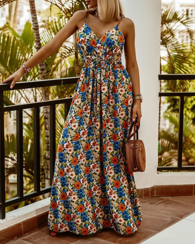 

Floral Print Shirred Spaghetti Strap Maxi Dress, Yellow