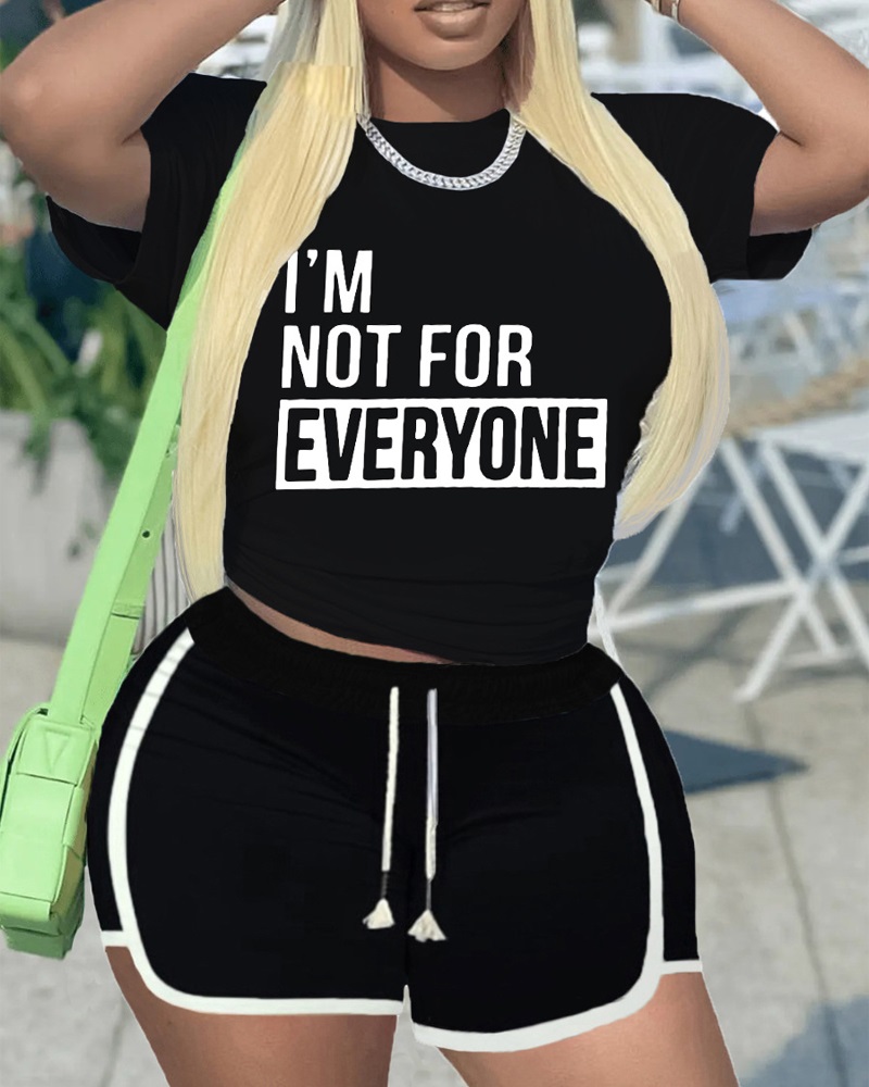 

Letter Print T-shirt & Contrast Binding Shorts Set, Black