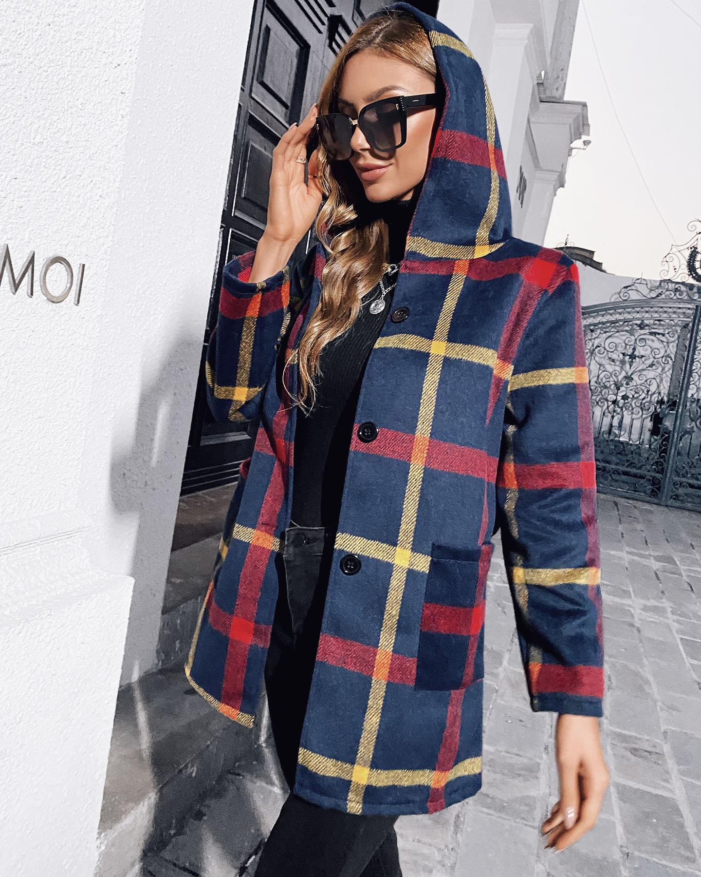 

Plaid Pocket Design Hooded Coat, Red