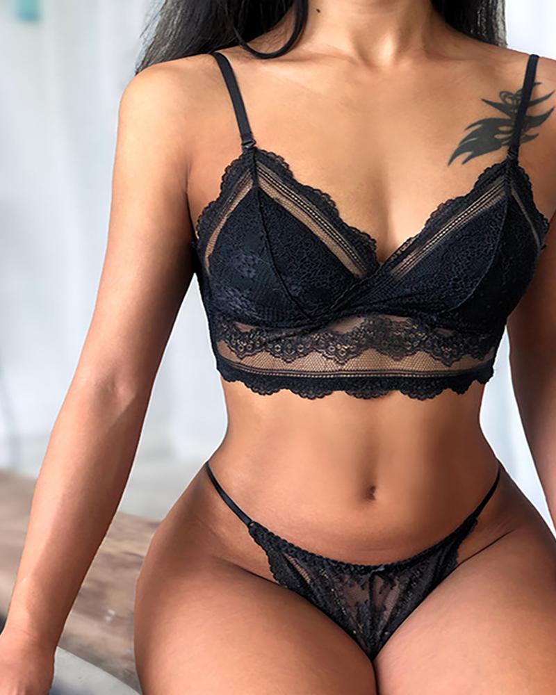 

Spaghetti Strap Lace Trim Bra Set, Black