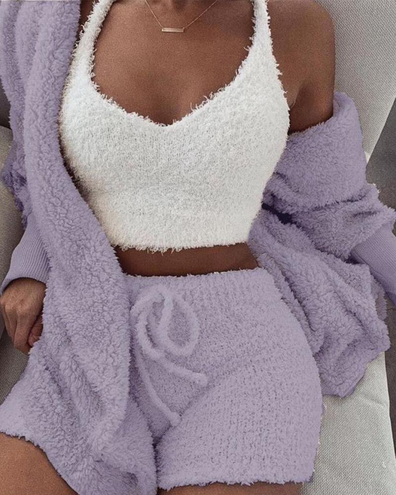 

Fluffy Hooded Open Front Teddy Coat & Short Sets, Purple