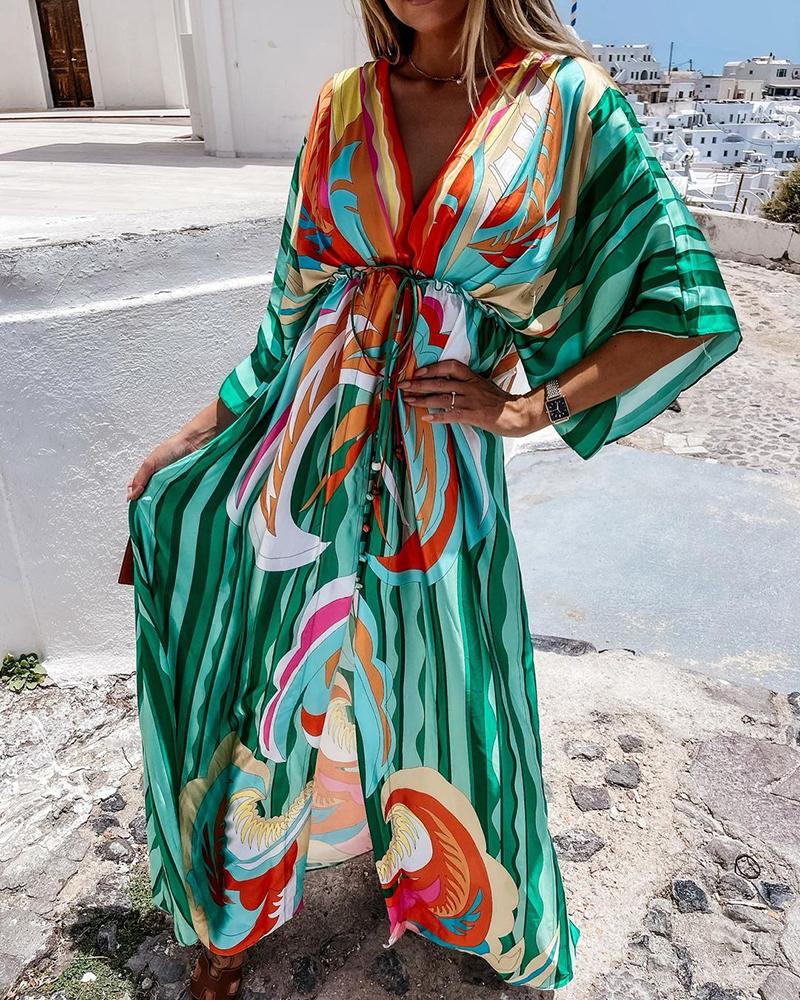 

Striped Graphic Print Tied Detail Maxi Dress, Green