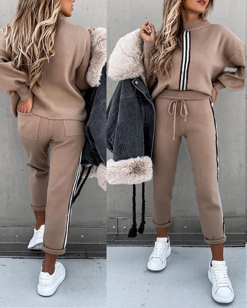 

Striped Tape Lantern Sleeve Top & Drawstring Pants Set, Brown