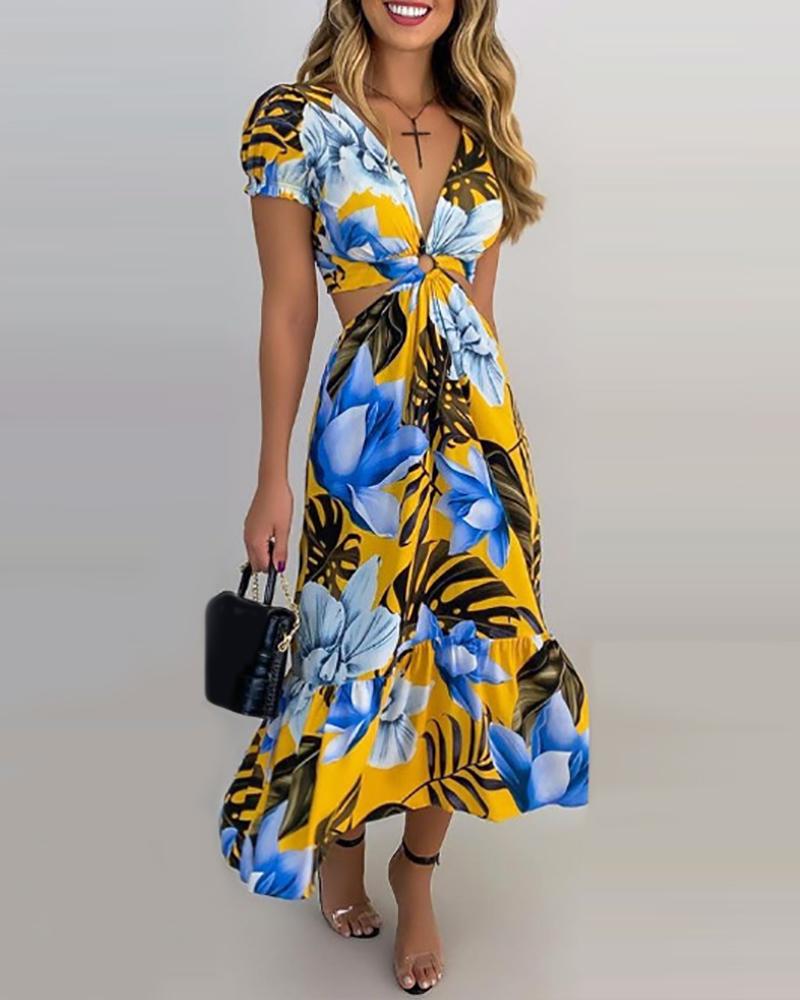 

Tropical Print O-Ring Decor Cutout Dress, Yellow