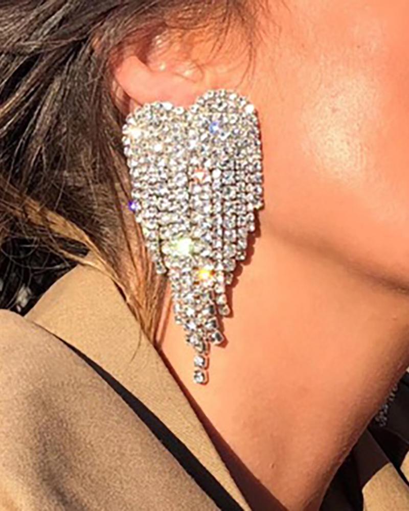 

1Pair Heart Pattern Studded Tassel Earrings, Silver