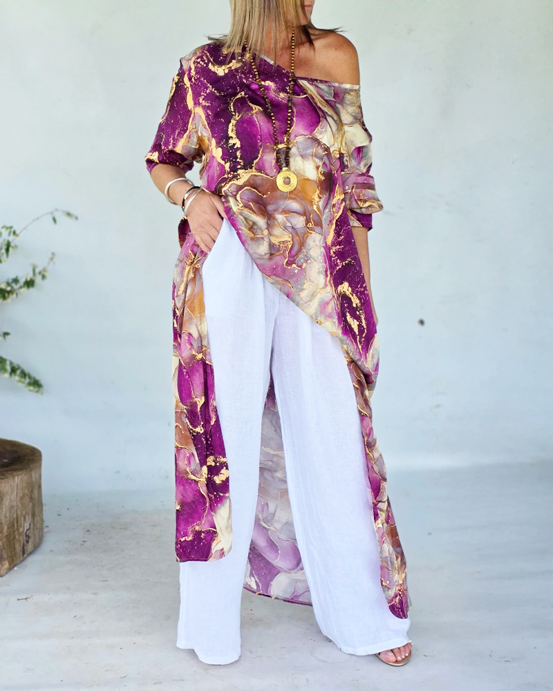 

Blouse à imprimé marbre, manches trois-quarts, épaules dénudées, ourlet asymétrique, coupe longue et ample., Purple