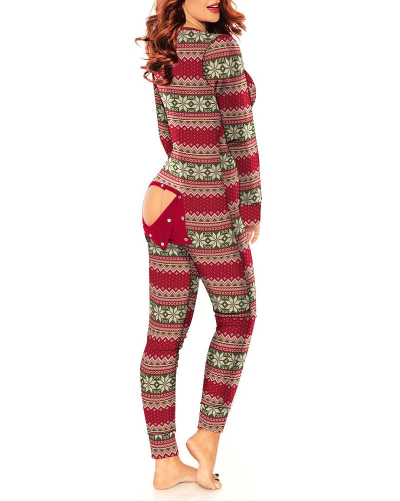 

Christmas Snowflake Print Functional Buttoned Flap Adult Onesie, Red