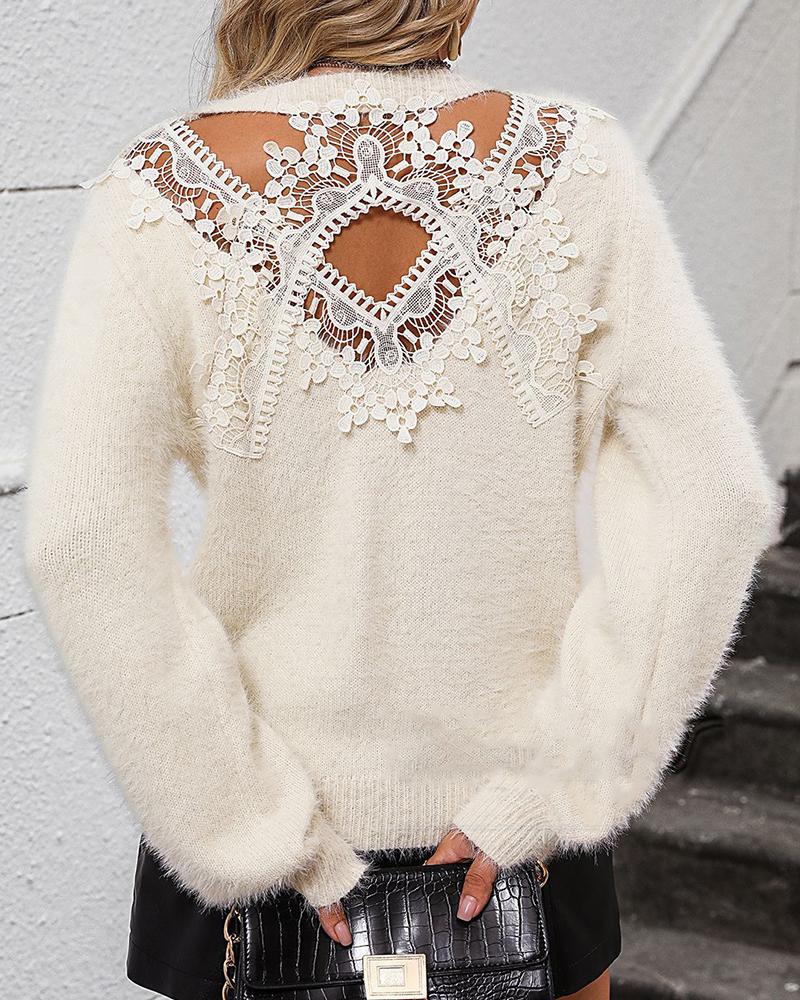 

Round Neck Cutout Crochet Lace Knit Sweater, Apricot