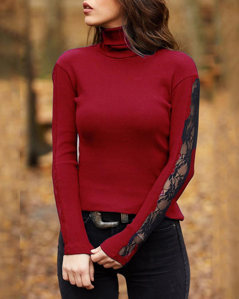 

Contrast Lace High Neck Long Sleeve Knit Top, Red