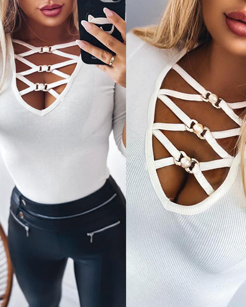 

Criss Cross Plunge Long Sleeve Top, White