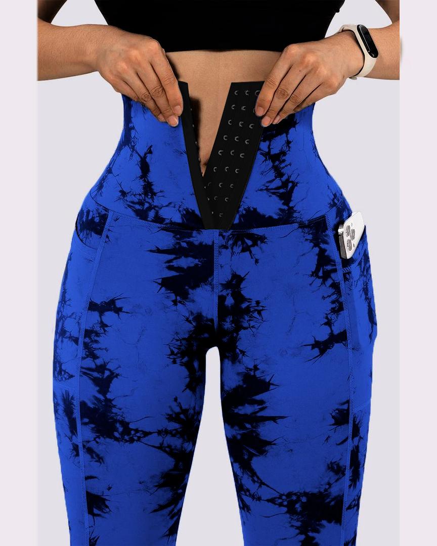 

Tie Dye Print Tummy Control Butt Lifting Pocket Design Yoga Pants, Blue